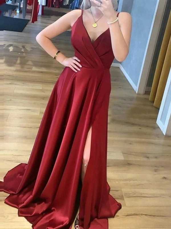 Elegant A-line V-neck long prom dress with a high slit, suitable for graduation or evening events.
