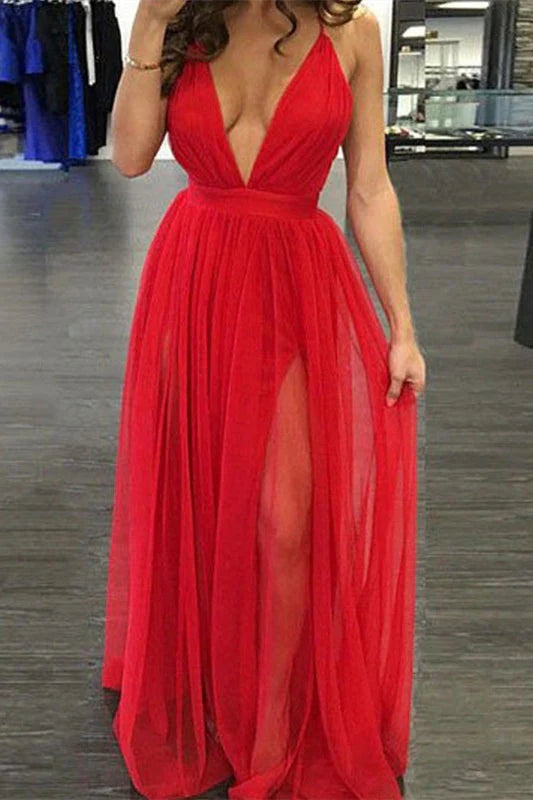 Model wearing an elegant red V-neck long prom dress with a high slit.