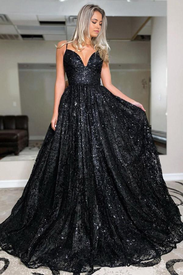 Black A-line V-neck sequin prom dress with spaghetti straps.