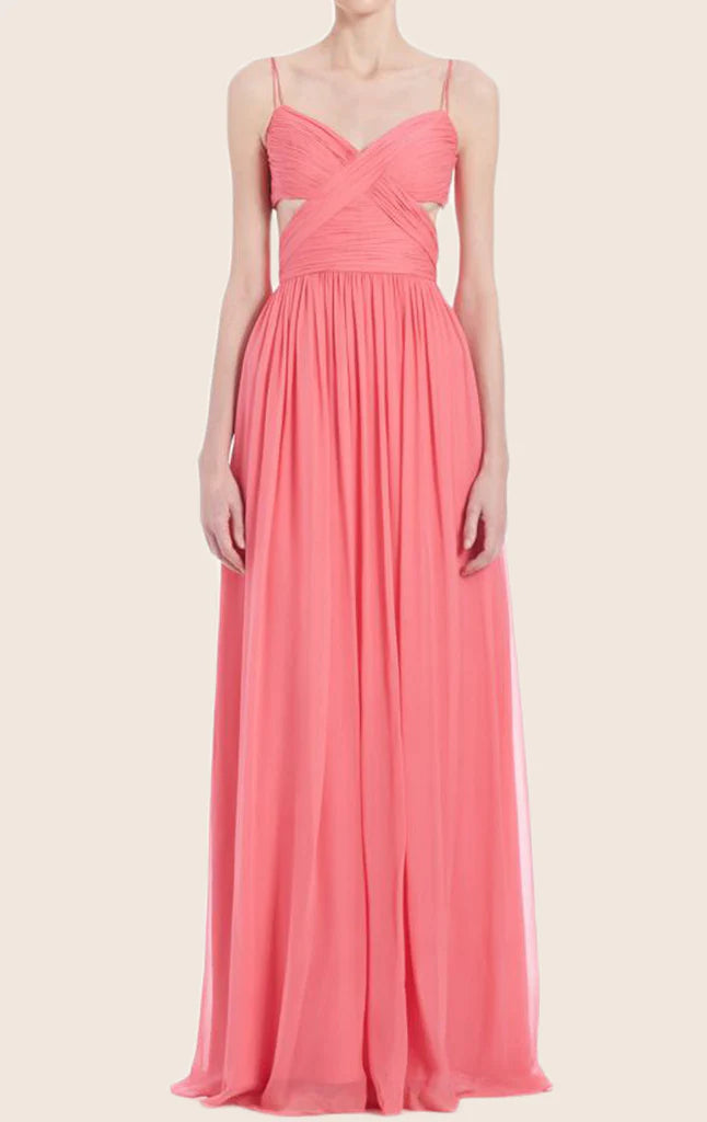 Elegant V-neck chiffon prom dress with spaghetti straps.