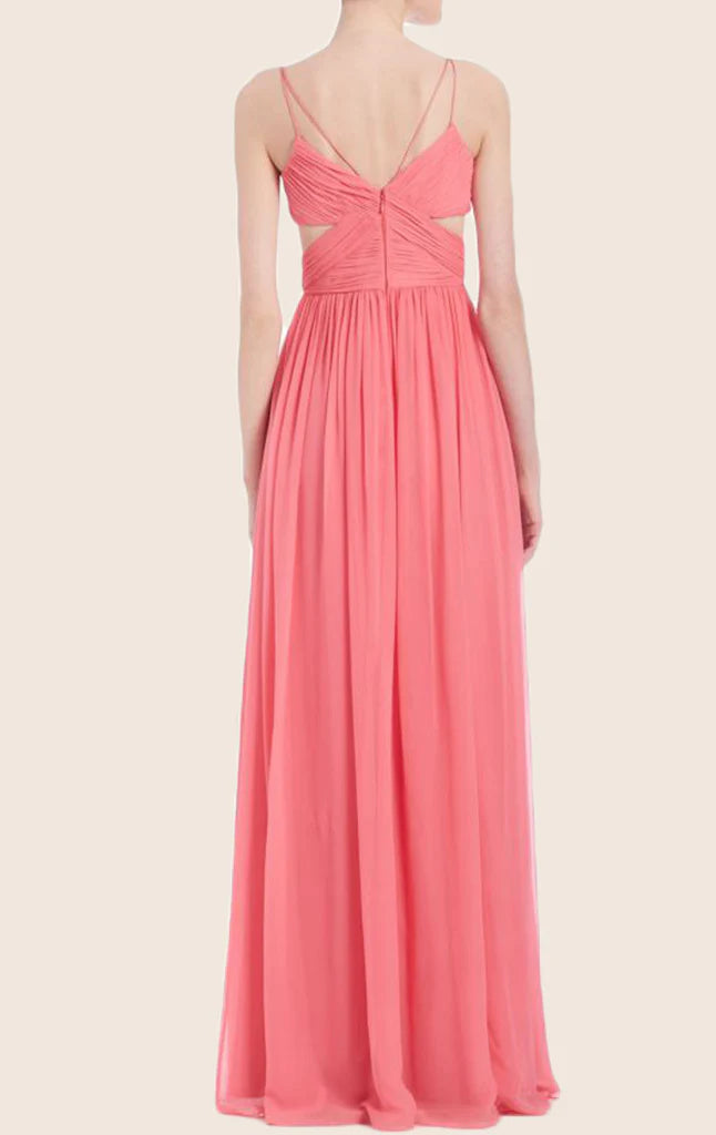 Back view of a flowing chiffon formal gown.