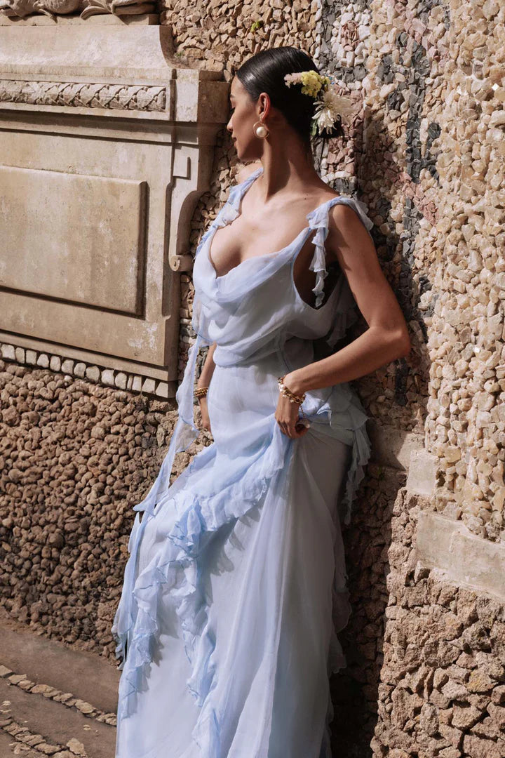 Back view of a floor-length chiffon prom dress.