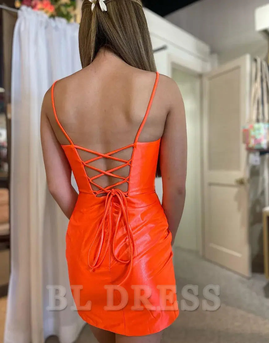 Back view of orange short formal dress featuring a corset closure.