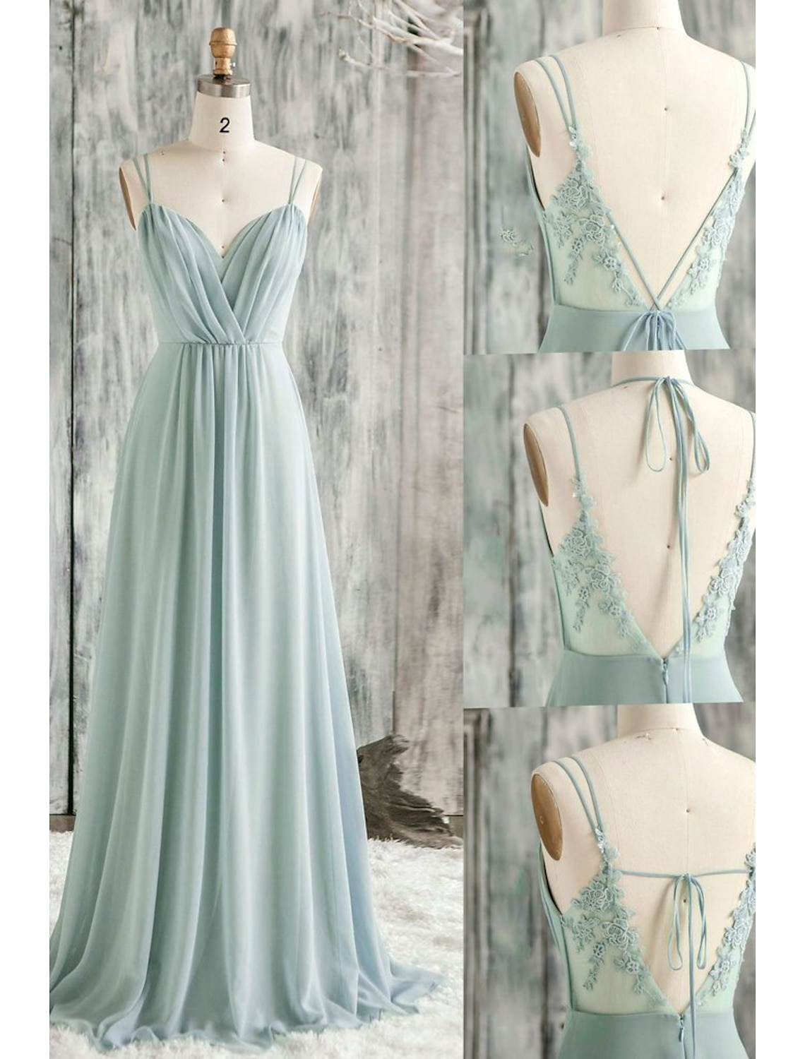 Elegant A-Line bridesmaid dress with V-neck, spaghetti straps, and lace appliques, flowing to floor length.