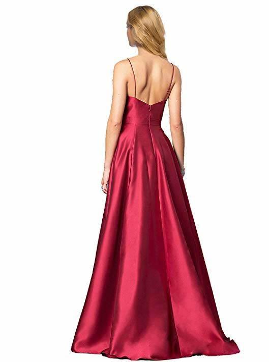 Back view of the A-line V-neck spaghetti strap formal dress.