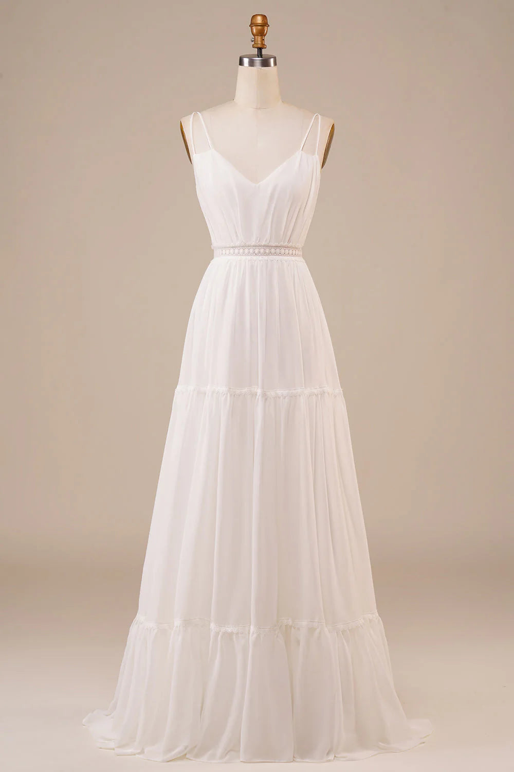 Elegant A-line long wedding dress with V-neck and spaghetti straps, front view.