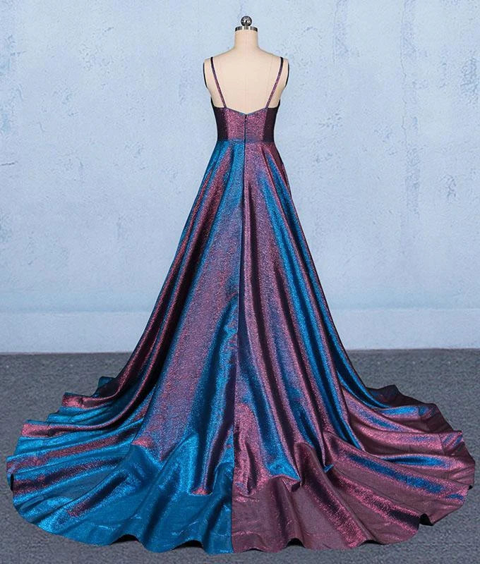 Side view of the A-line V-neck spaghetti strap long formal dress.