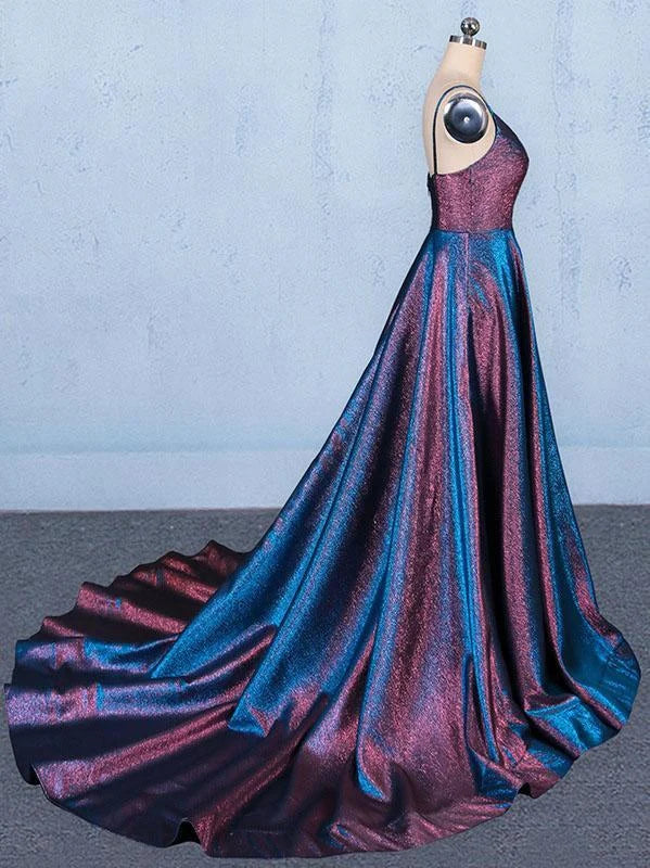 Back view of the A-line V-neck spaghetti strap long prom dress.