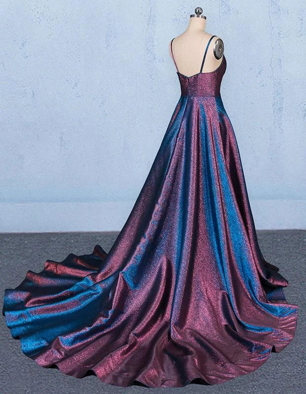 Close-up of the V-neckline and delicate spaghetti straps on the dress.