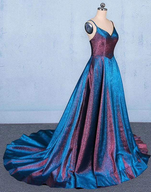 Full length view of the elegant A-line prom dress with flowing skirt.