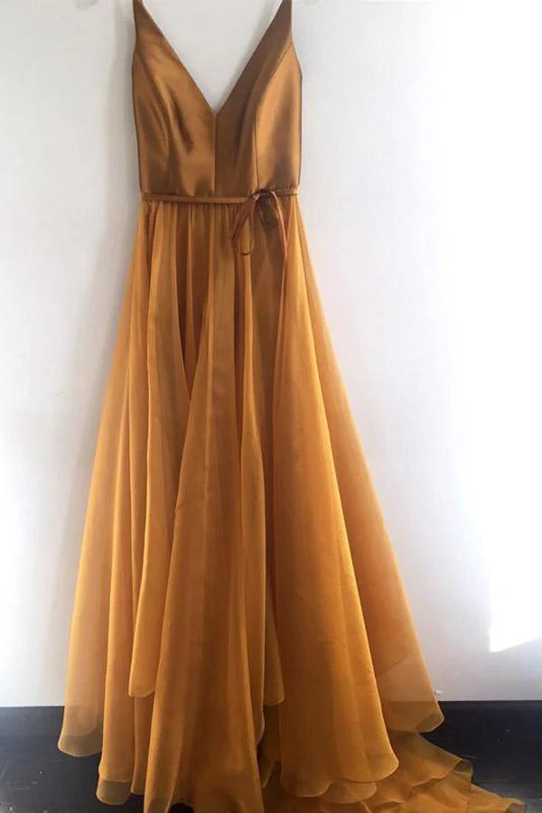 Elegant A-line V-neck spaghetti strap long formal prom dress.