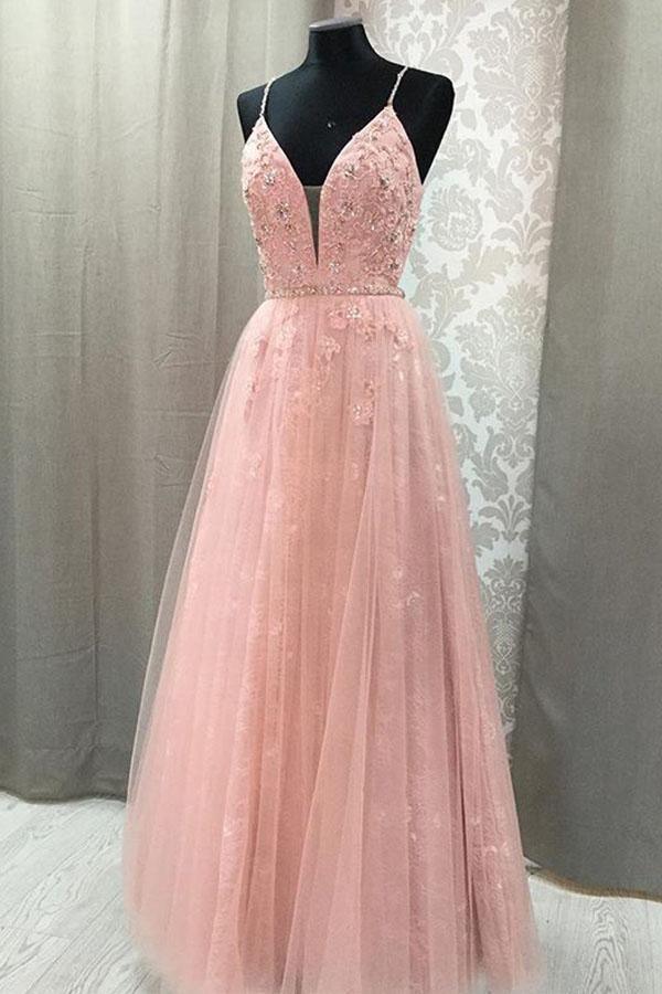 Elegant A-line V-neck prom dress with spaghetti straps and open back.