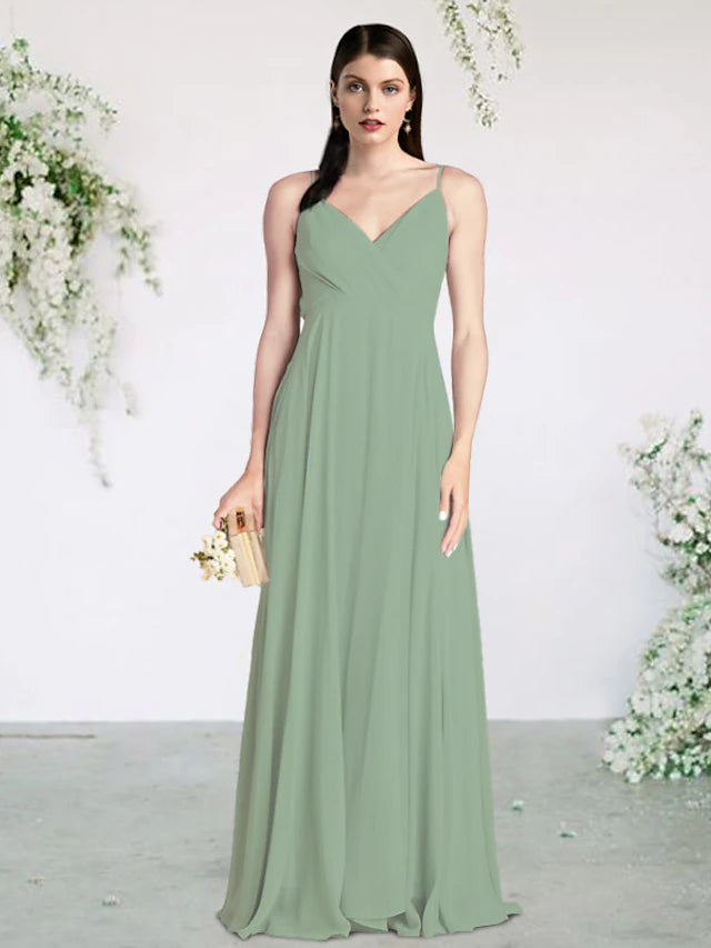 Elegant A-Line chiffon bridesmaid dress with V-neck and spaghetti straps.