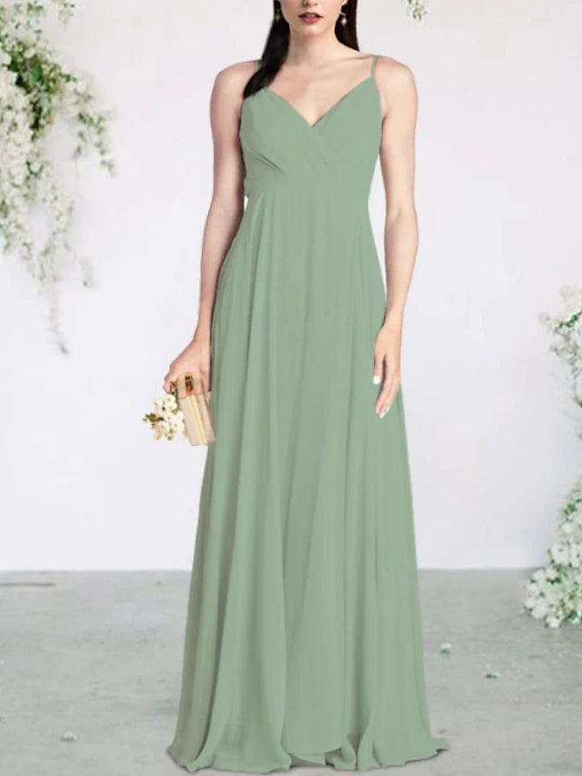Back view of a floor-length pleated chiffon bridesmaid gown.