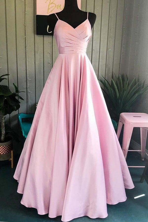Elegant A-line V-neck satin prom dress with spaghetti straps.