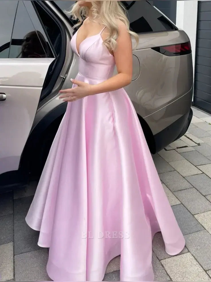 Elegant pink A-line satin formal maxi dress with V-neck and spaghetti straps.