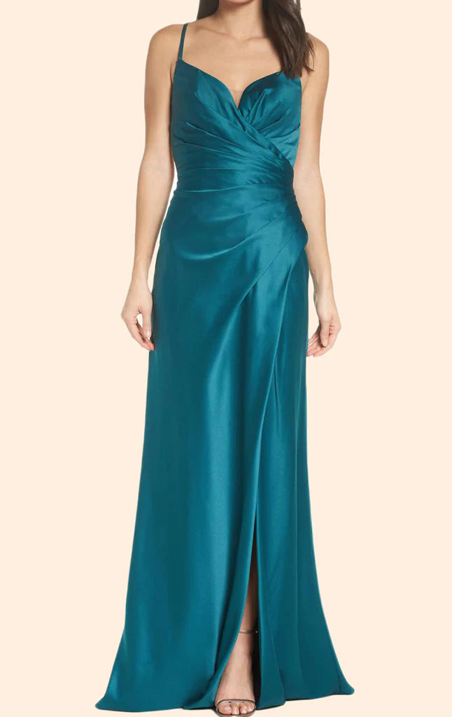 Model wearing an elegant teal satin V-neck long prom dress with spaghetti straps.