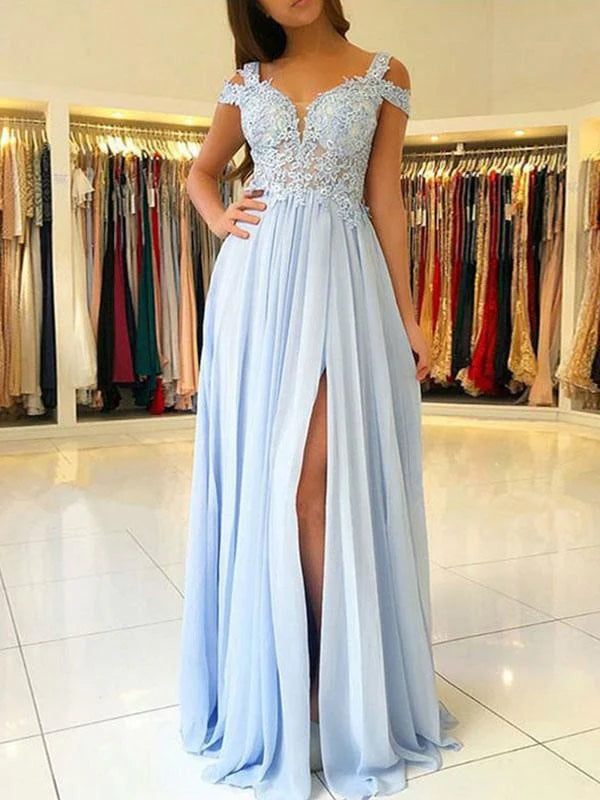 Elegant A-Line chiffon evening dress with V-neck and split front.