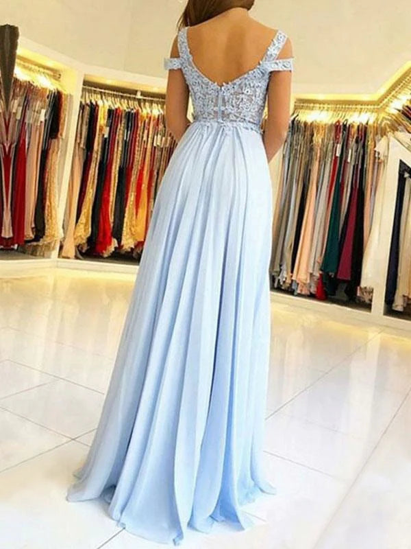 A-Line V-neck floor length prom dress in flowy chiffon.