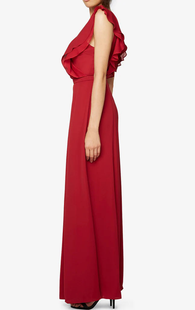 Back view of the long ruffled chiffon prom gown.