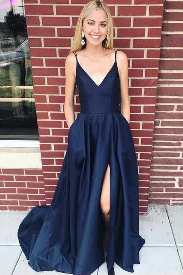 Elegant navy blue satin A-line prom dress with V-neck and side split.