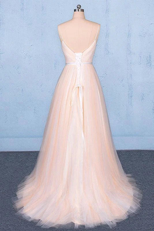 Back view of the A-line V-neck tulle prom dress, showcasing the flowing skirt.