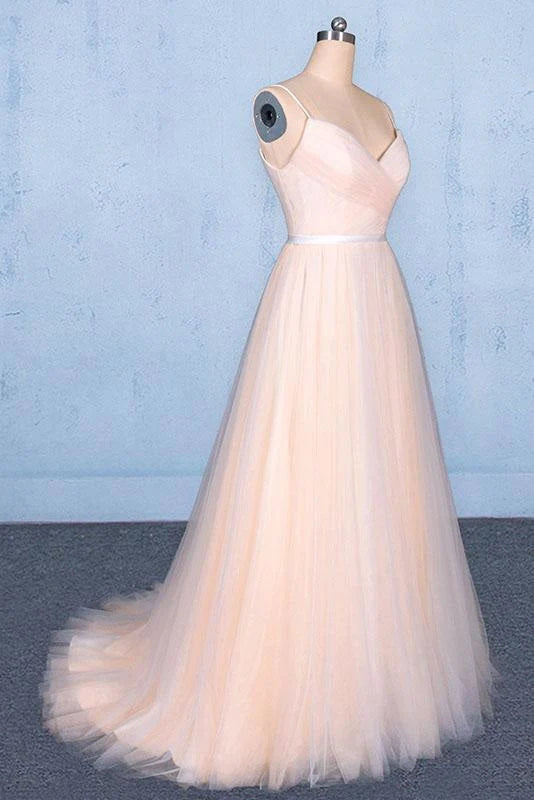 Side profile of the A-line V-neck tulle prom dress, highlighting the silhouette.