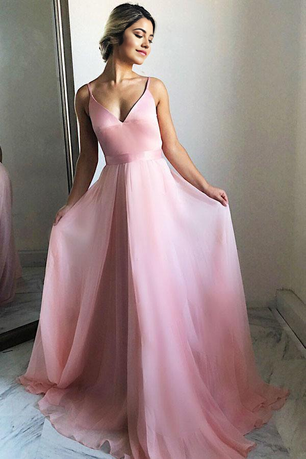 Front view of an elegant A-line V-neck pink chiffon prom dress.