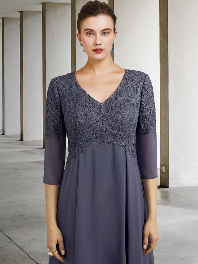 Plus size A-Line dress showing back detail with chiffon and appliques.
