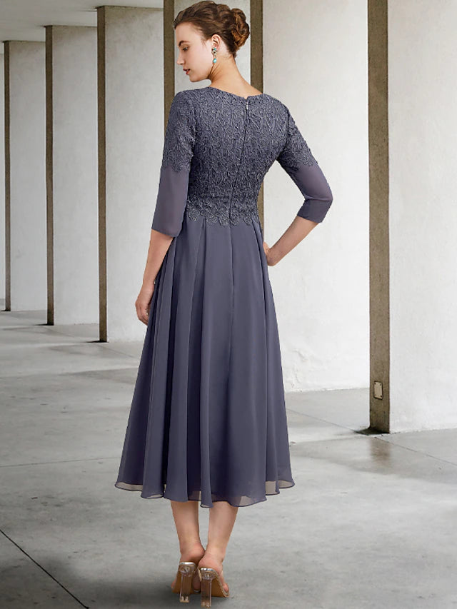 Side view of the tea length Mother of the Bride dress, highlighting the A-line silhouette.