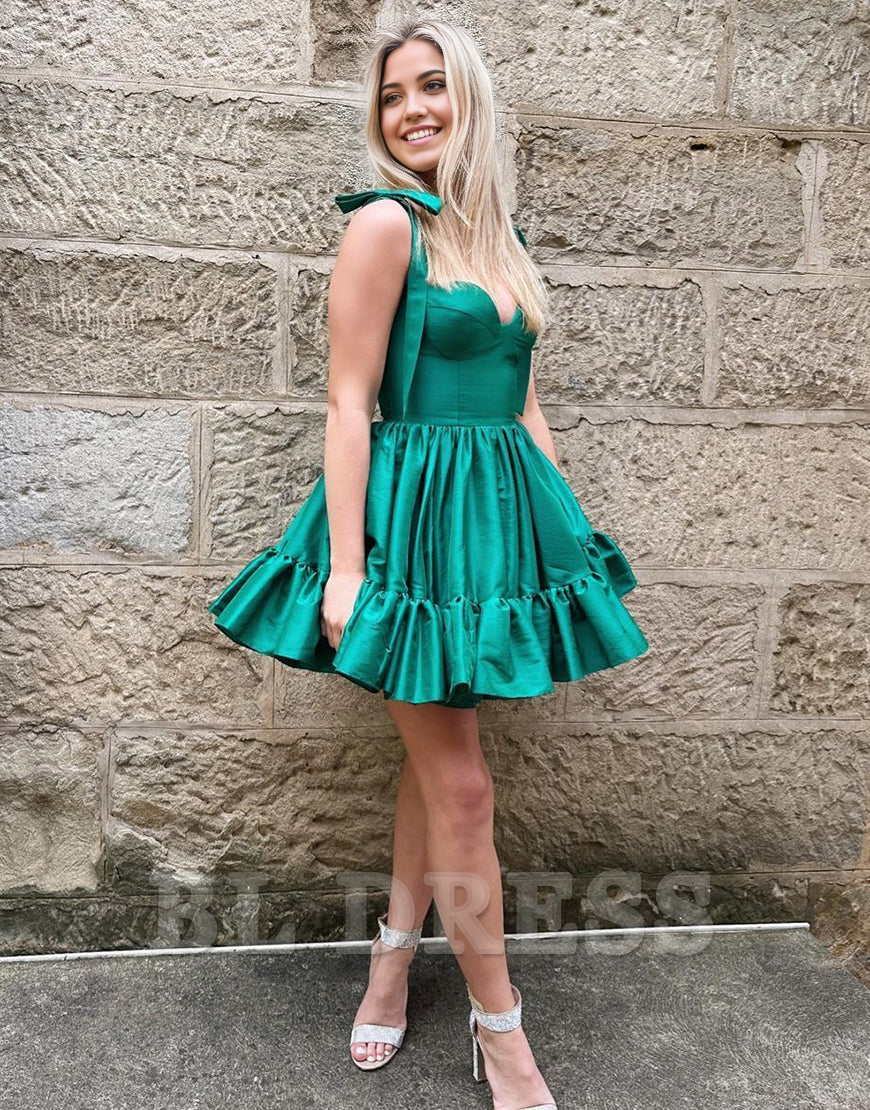 Elegant A-line green satin dress with tie straps and V-neckline.