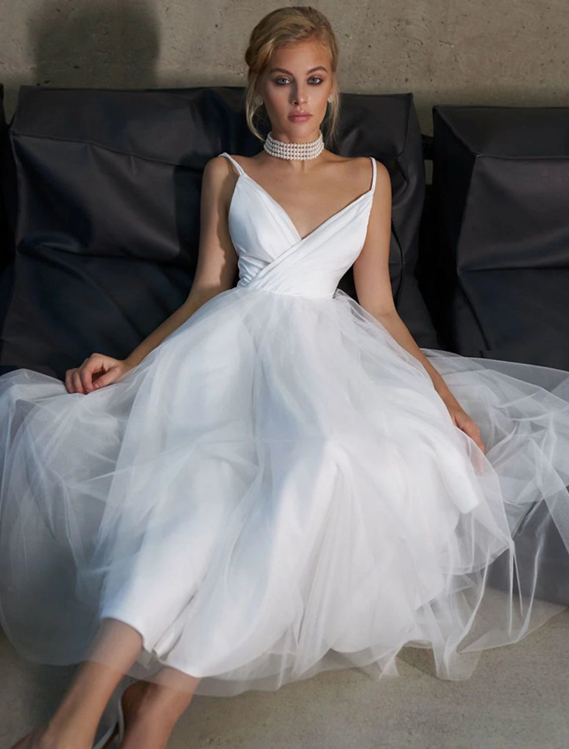 Elegant A-Line V-neck tulle ankle-length little white wedding dress.