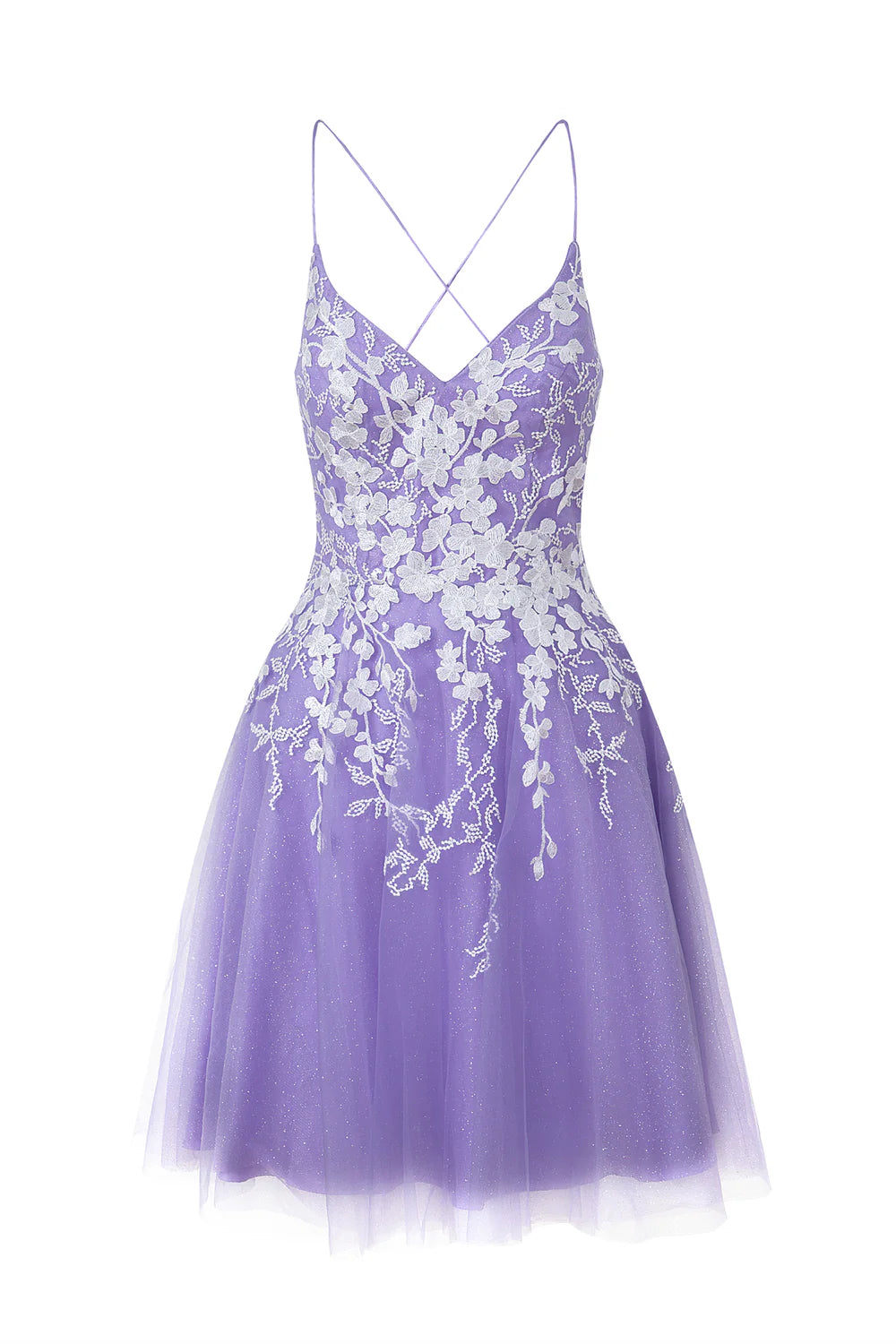 Elegant A-line tulle homecoming dress with V-neck and delicate appliques.