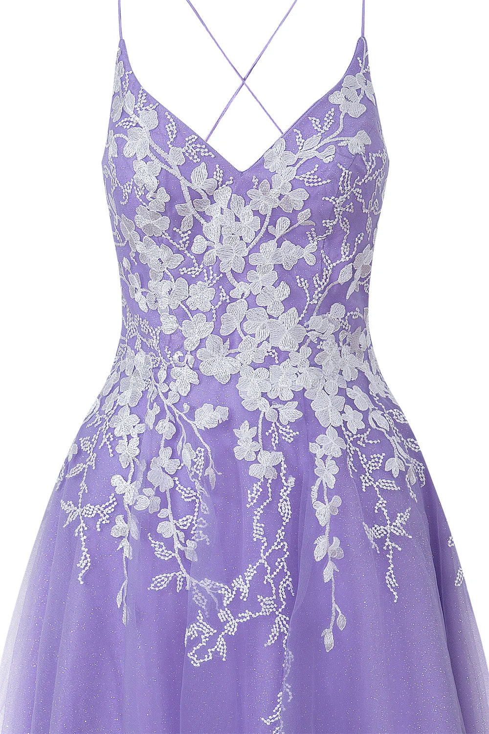 Back view of the V-neck tulle homecoming dress, showcasing the appliques.