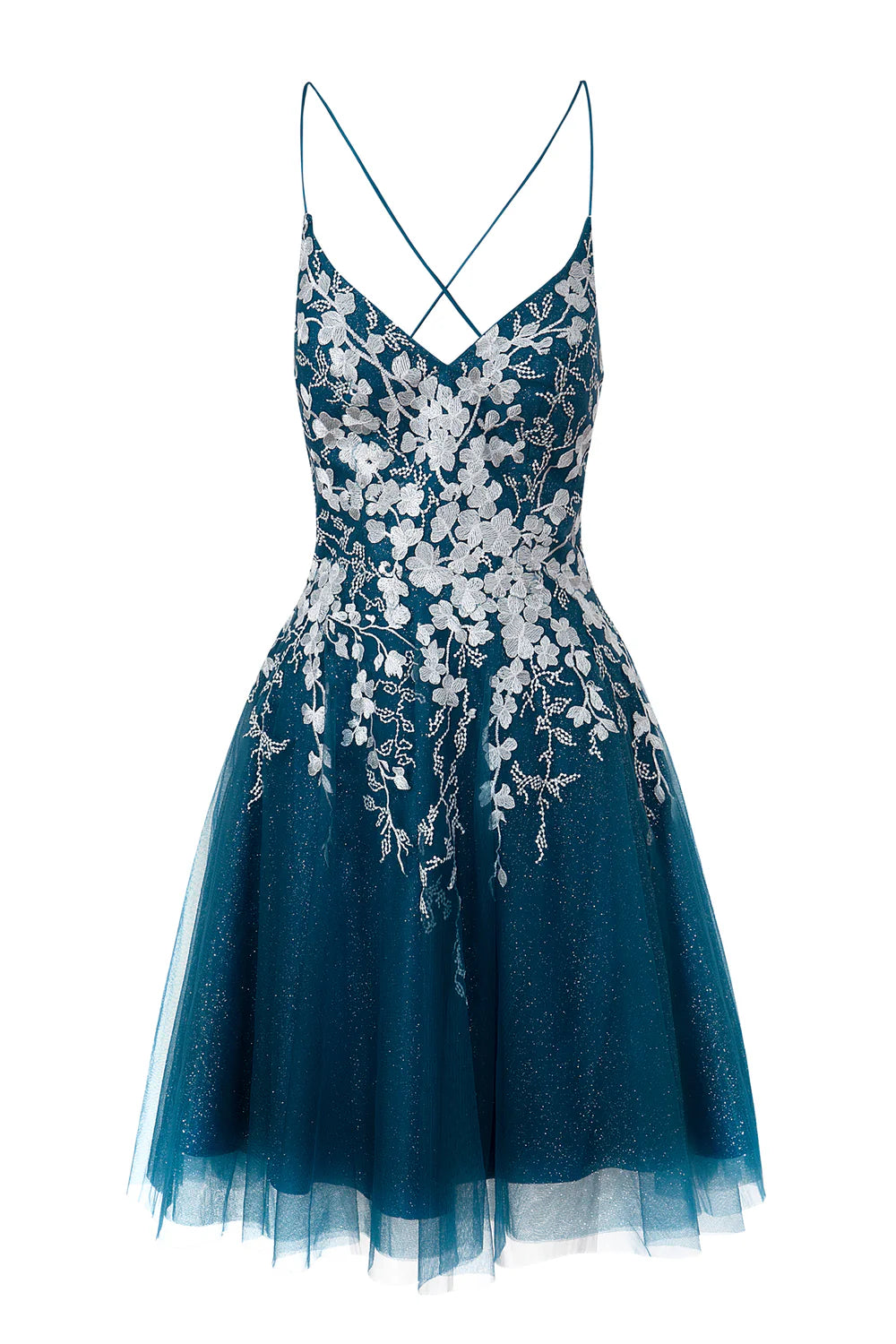 Model posing gracefully in the short V-neck tulle applique dress.