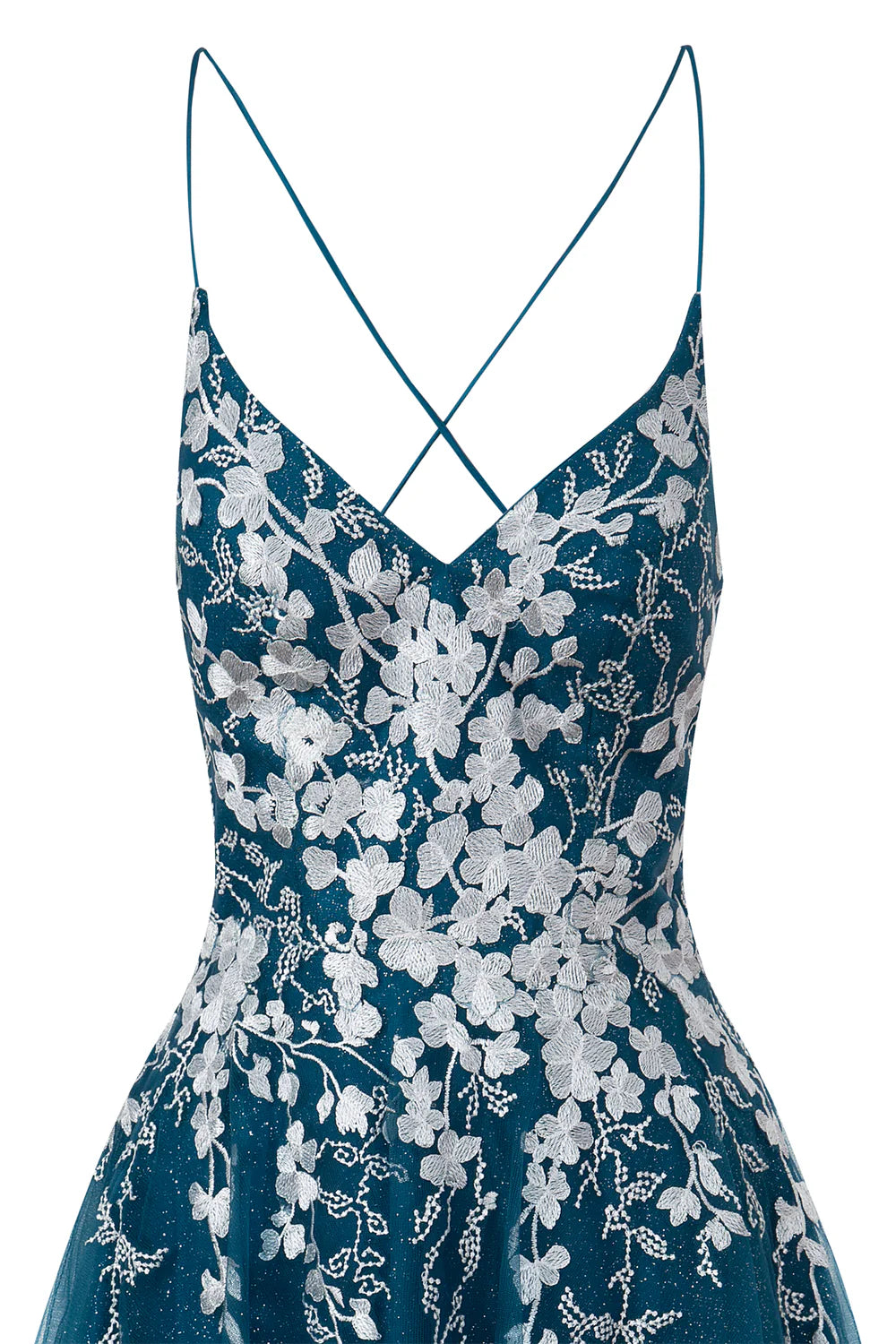 Full length view of the charming tulle homecoming dress with appliques.