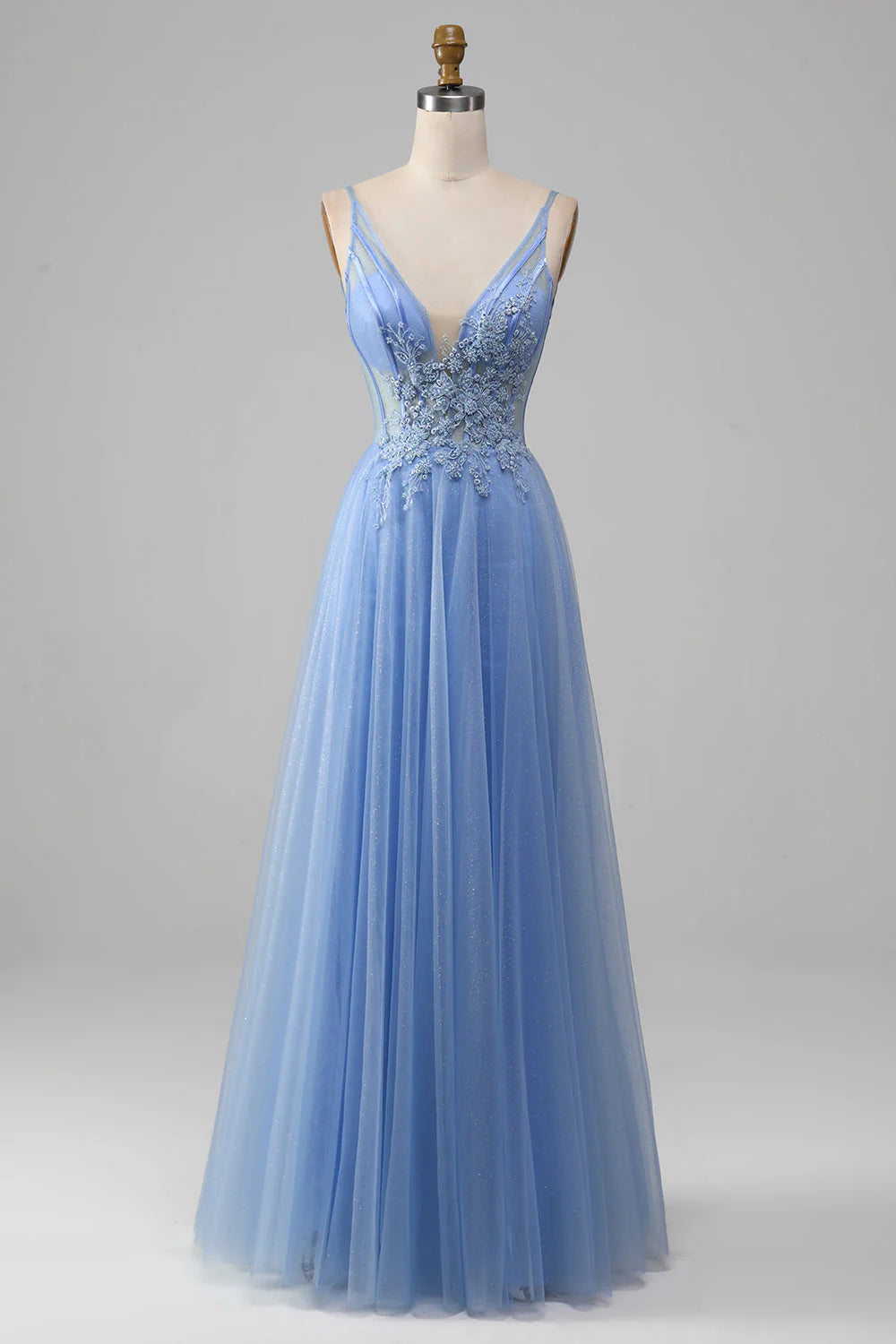 Elegant blue A-line V-neck prom dress with delicate tulle appliques.