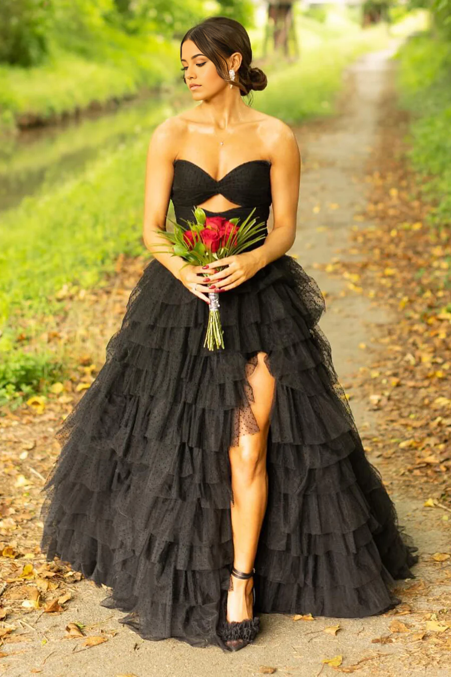 Black A-line V-neck tulle formal dress.