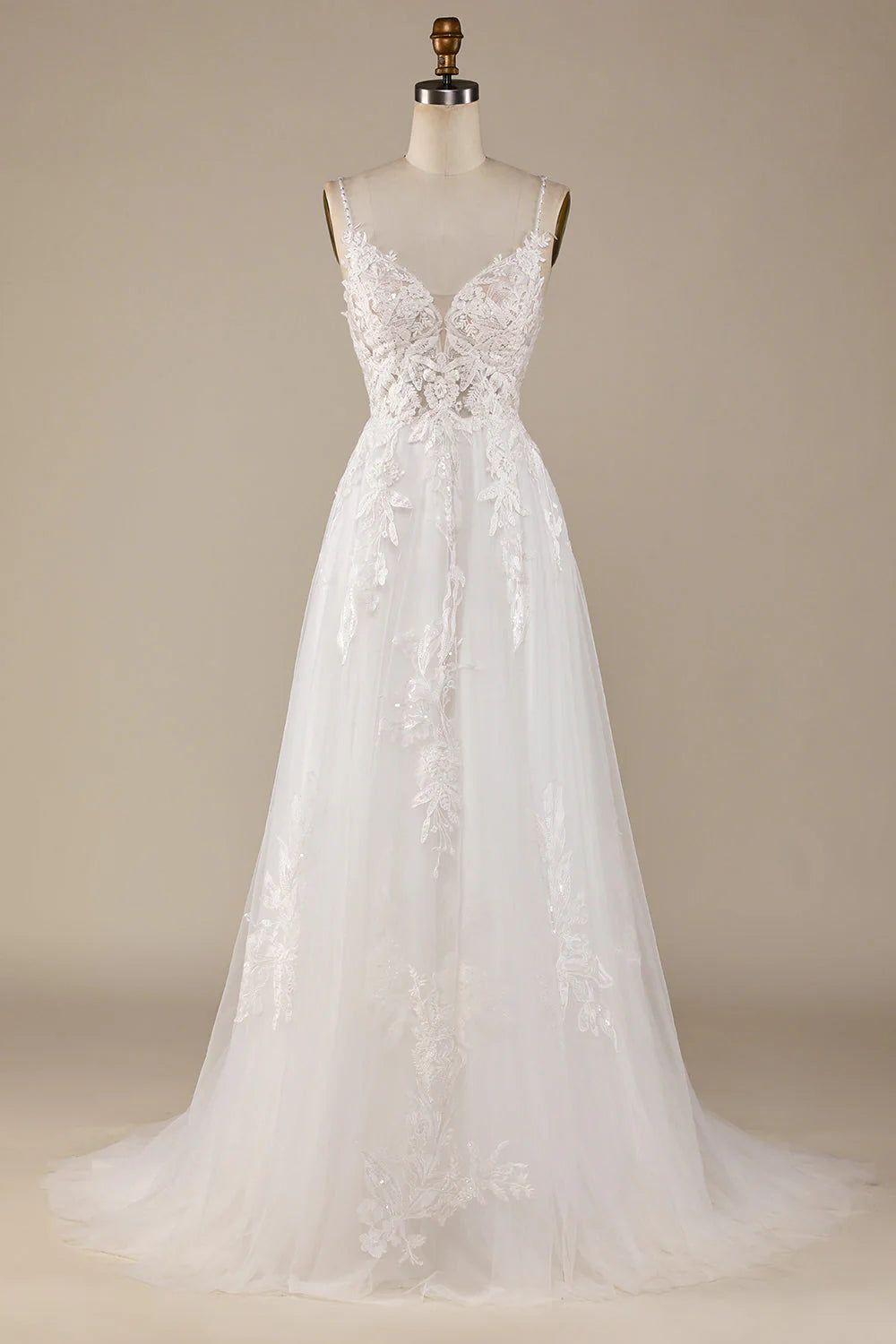 Front view of an elegant A-line tulle wedding dress in ivory with a V-neckline.
