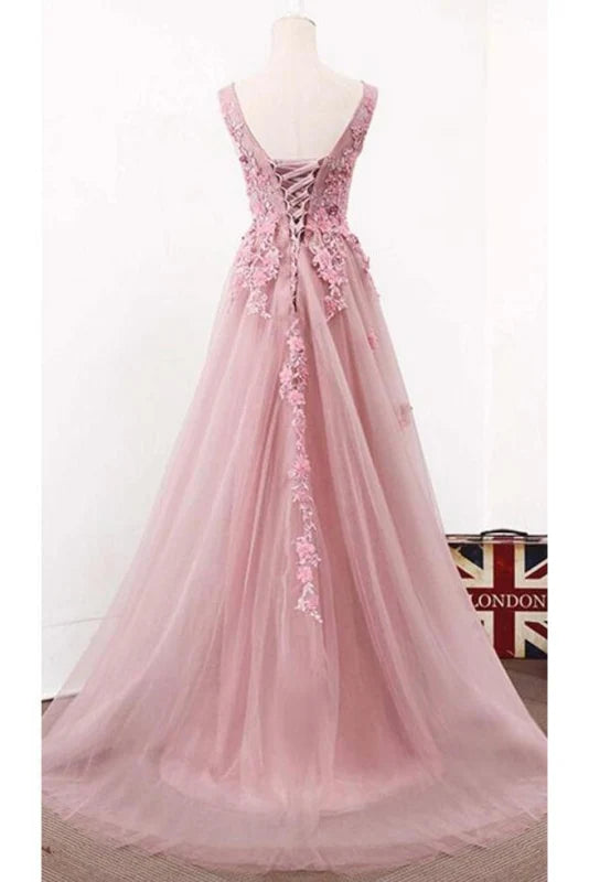Side view of the V-neck tulle evening dress with delicate floral details.