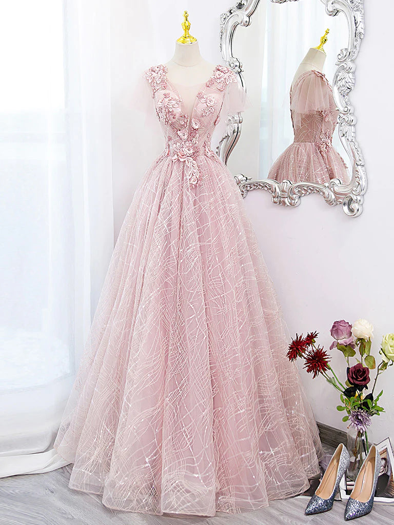 Full length view of a woman wearing the A-line tulle prom dress.