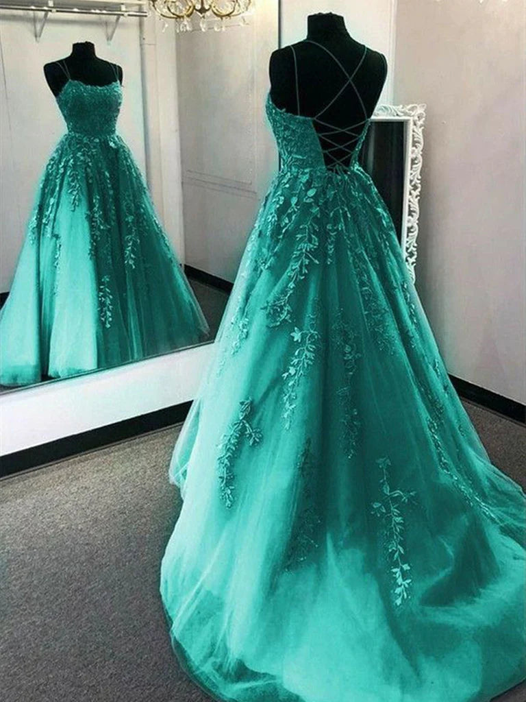 Elegant A-line tulle lace backless long prom dress with V-neck.