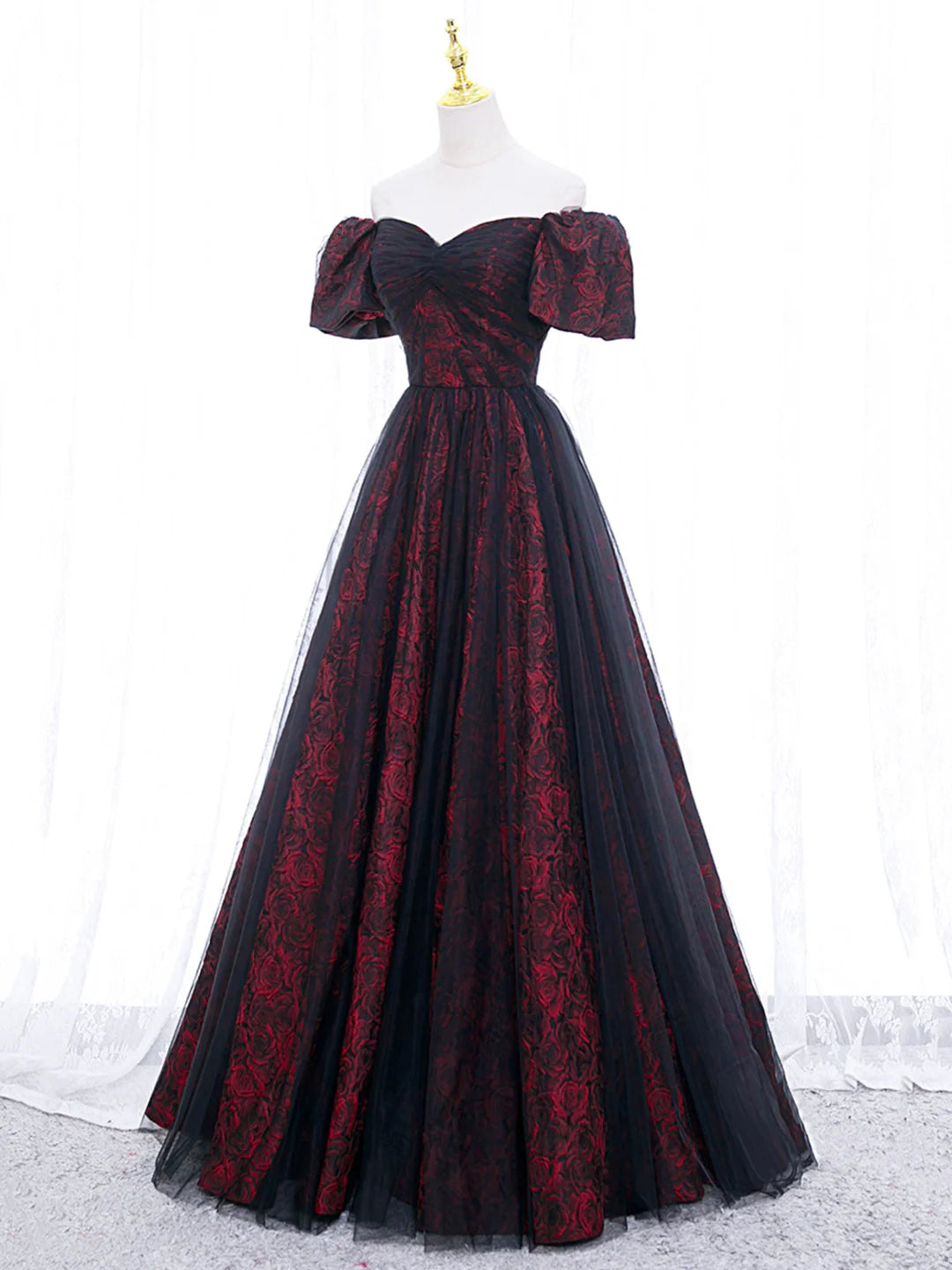 Full view of an A-Line tulle lace long prom dress.