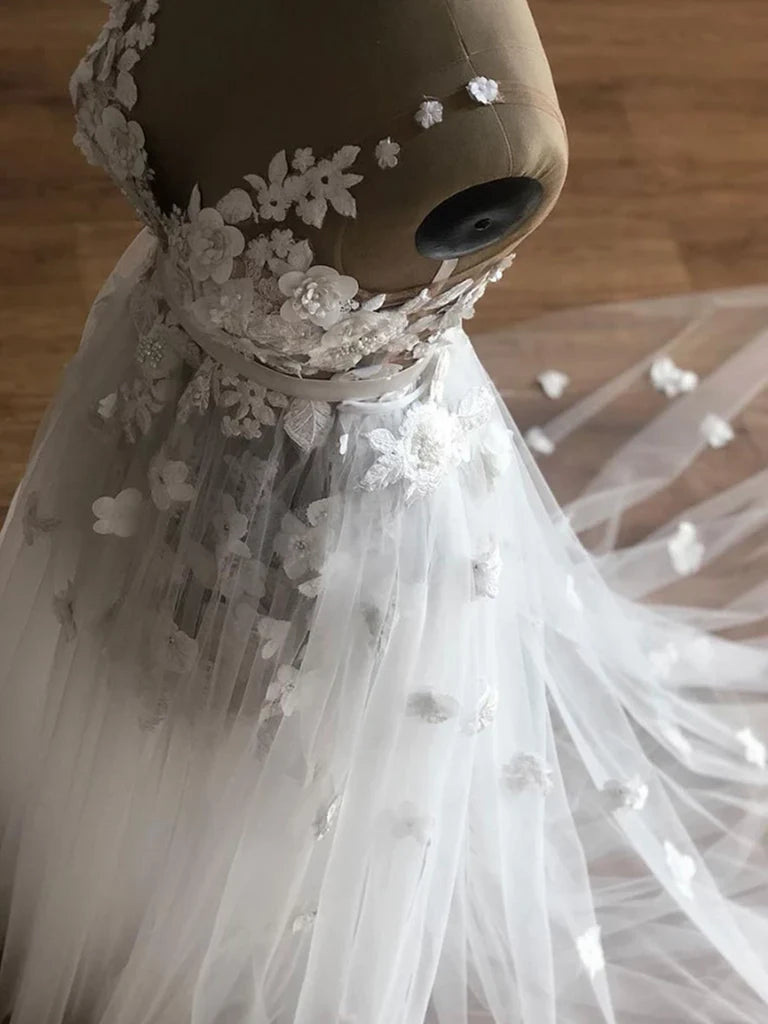 Elegant A-line V-neck tulle lace long dress.