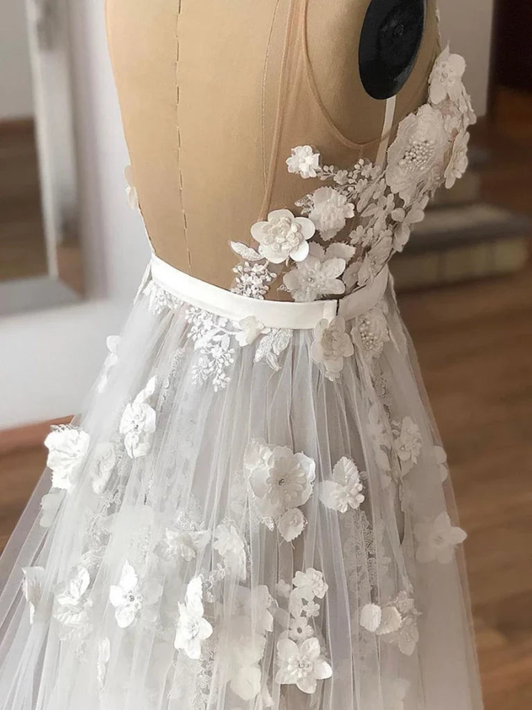 Close-up of V-neckline and lace details on the elegant long dress.
