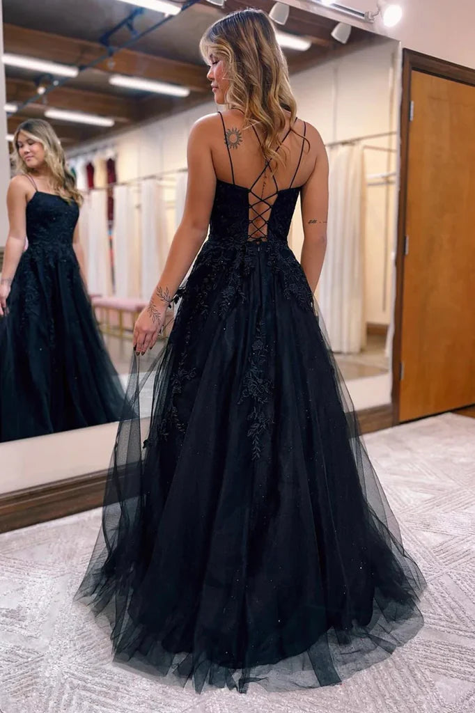 Back view of the A-line V-neck tulle lace long prom dress.