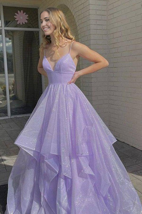 Back view of the elegant lilac long formal dress with A-line silhouette.