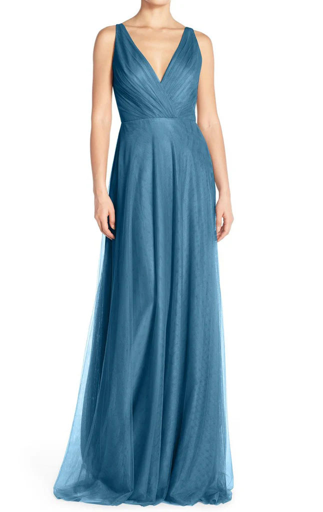 Back view of a long A-line V-neck tulle prom gown.