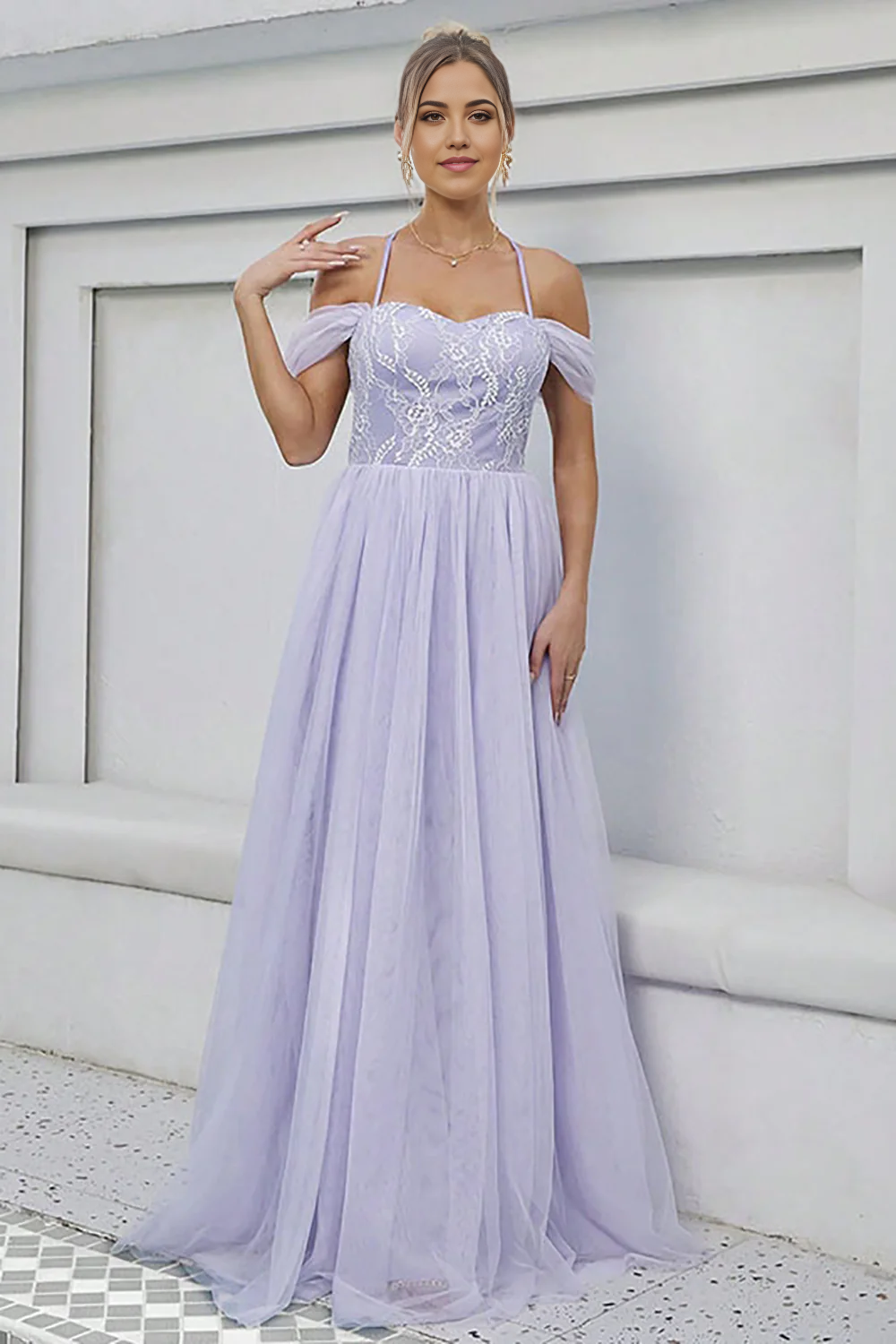 Full view of the elegant A-line tulle V-neck long formal dress.