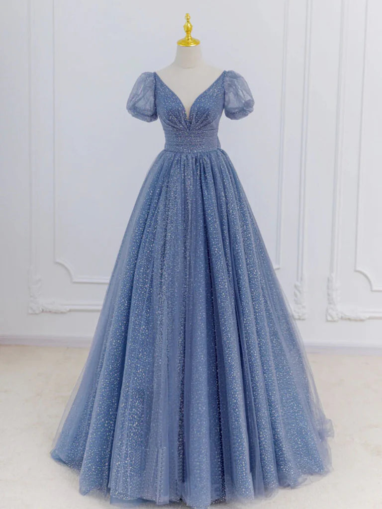 Elegant A-line tulle prom dress with V-neckline.